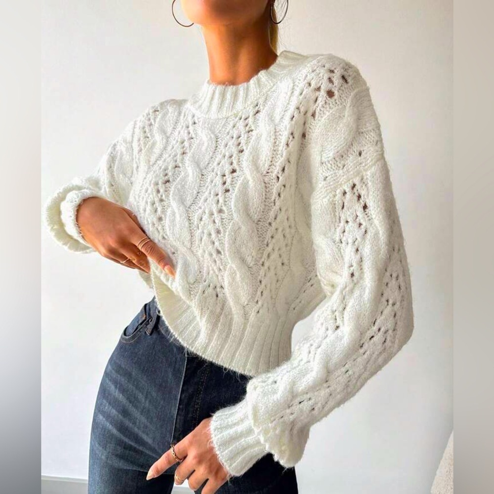Elegant White Cable Knit Sweater
